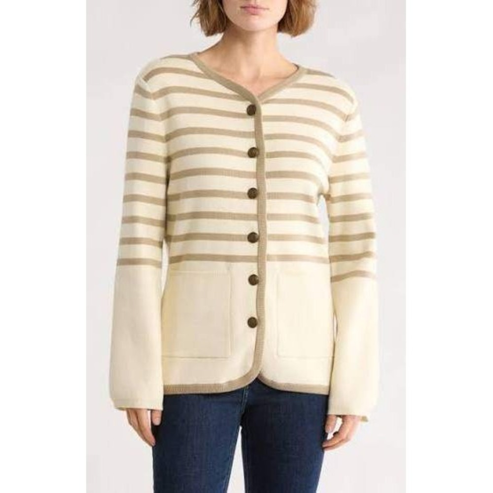 $478 NWT Rag & Bone Dee Stripe Cardigan Tan Cream Crest Brass Buttons Preppy/XS